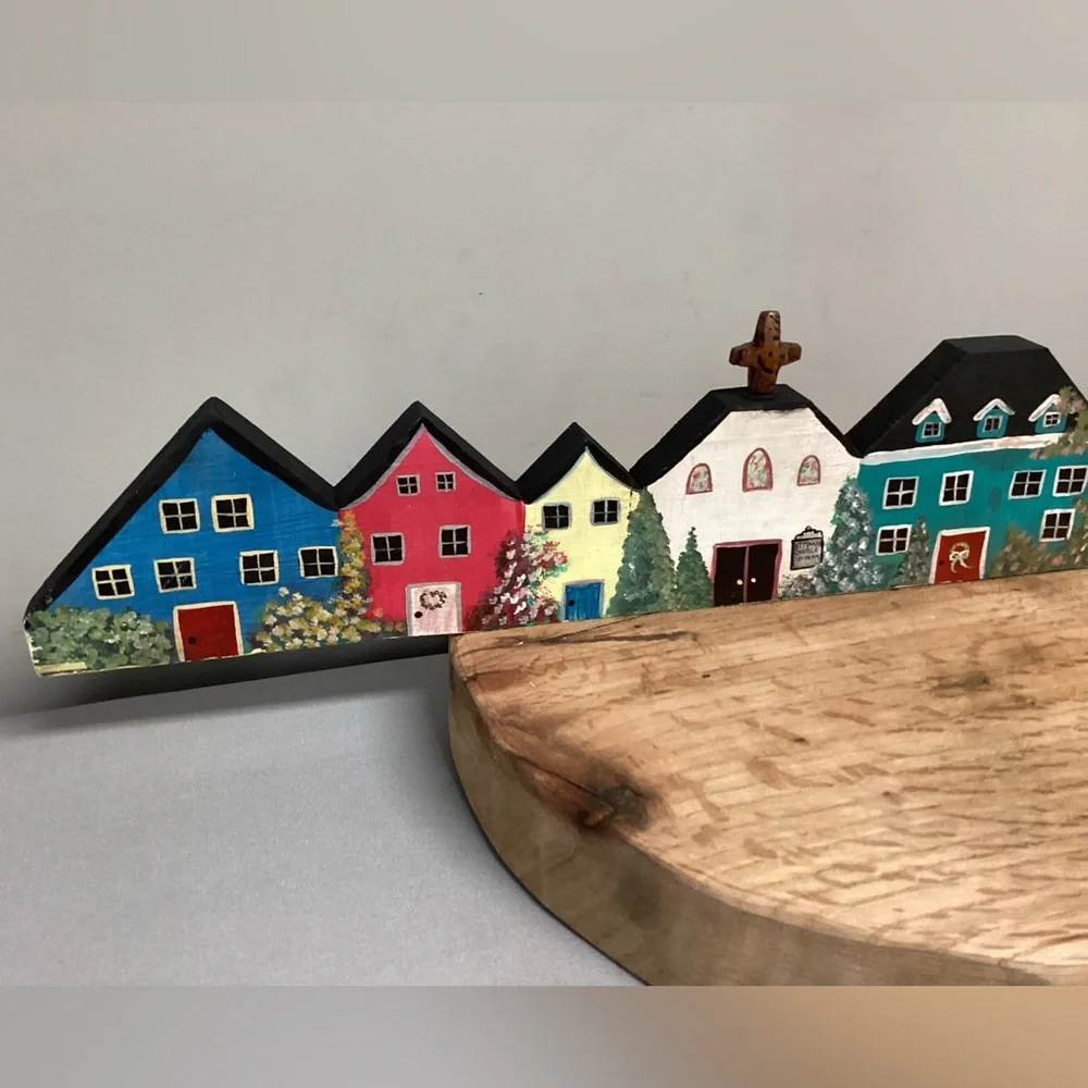 🔵 Beautiful Hand Painted Row of Homes & Church - Solid Wood - Very Unique Decor - Picture 3 of 15